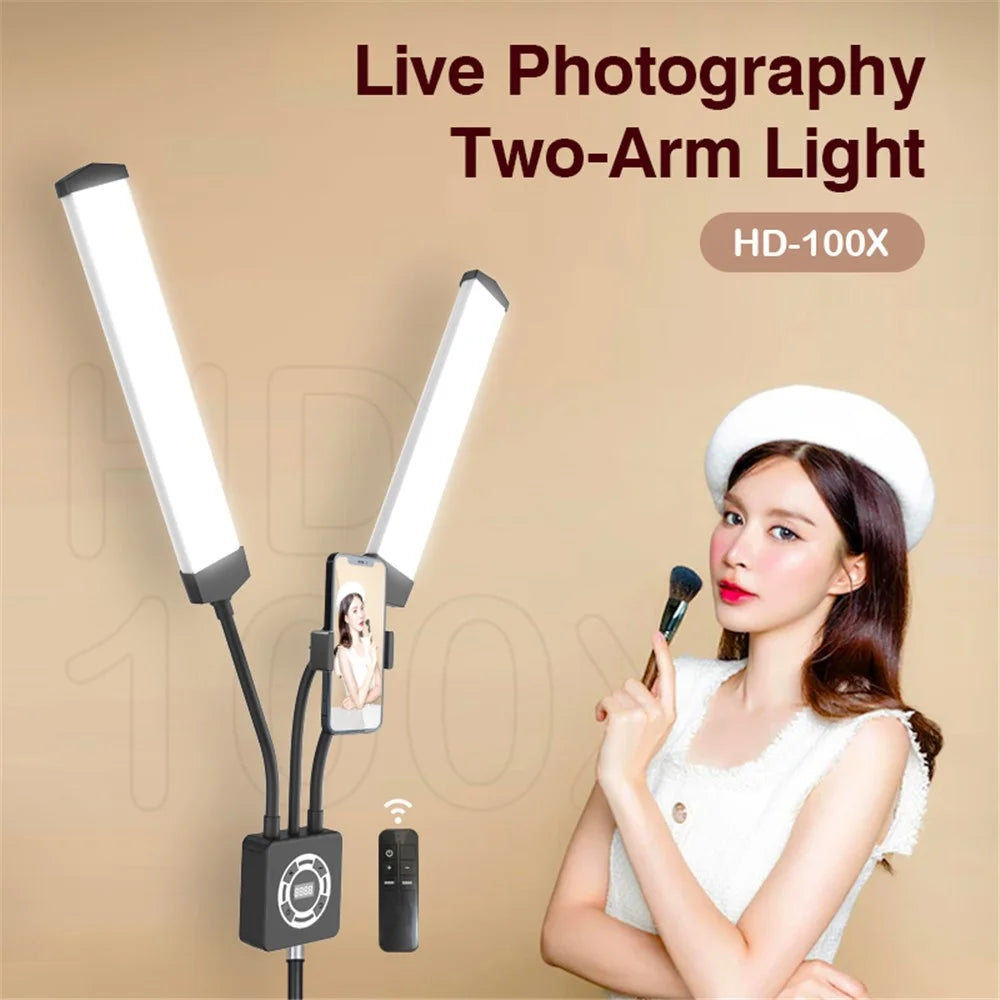 HD-100XJ Dual Arm Skin Care Beauty Light Photography Live Streaming LED Fill Light - Black / US Plug - 3