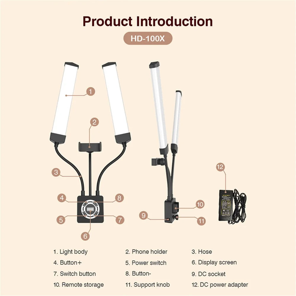 HD-100XJ Dual Arm Skin Care Beauty Light Photography Live Streaming LED Fill Light - Black / US Plug - 4