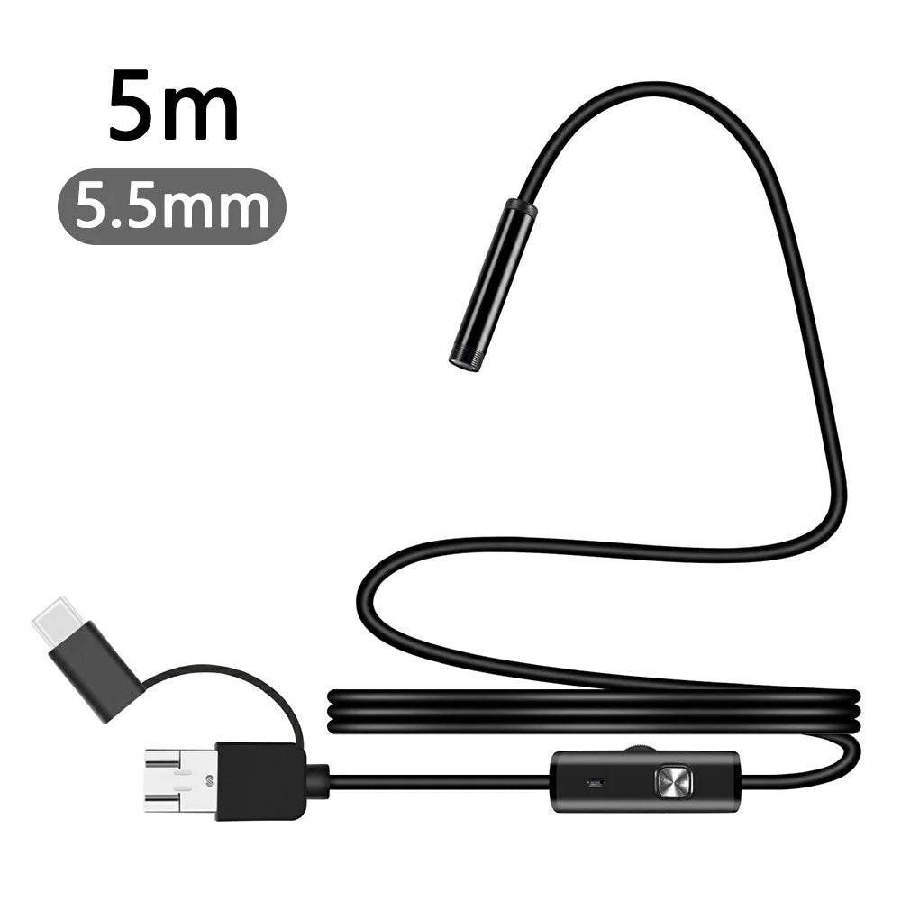 Y1002 5m Hard Wire Inspection Endoscope 5.5mm Camera Lens Type-C+USB+Android Phone Borescope - 1