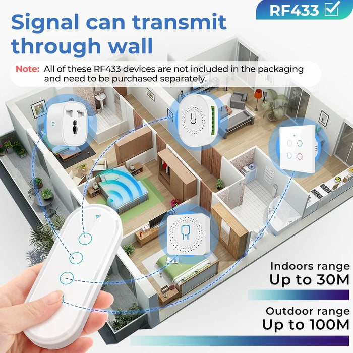 RF433 Remote Control Touch Switch 4 Gang 2.5D Tempered Glass Wireless Interruptor Switch - Black - 4