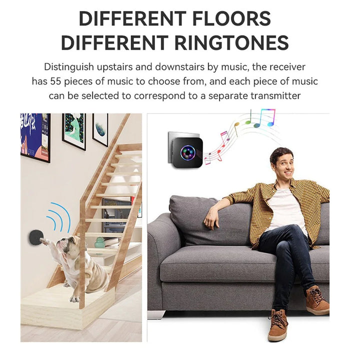 N65Q-1T2 Cartoon Wireless Door Bell 55 Ringtones Flashing Elderly Care Home Doorbell, 1 Transmitter+2 Receiver - US Plug / Black - 4
