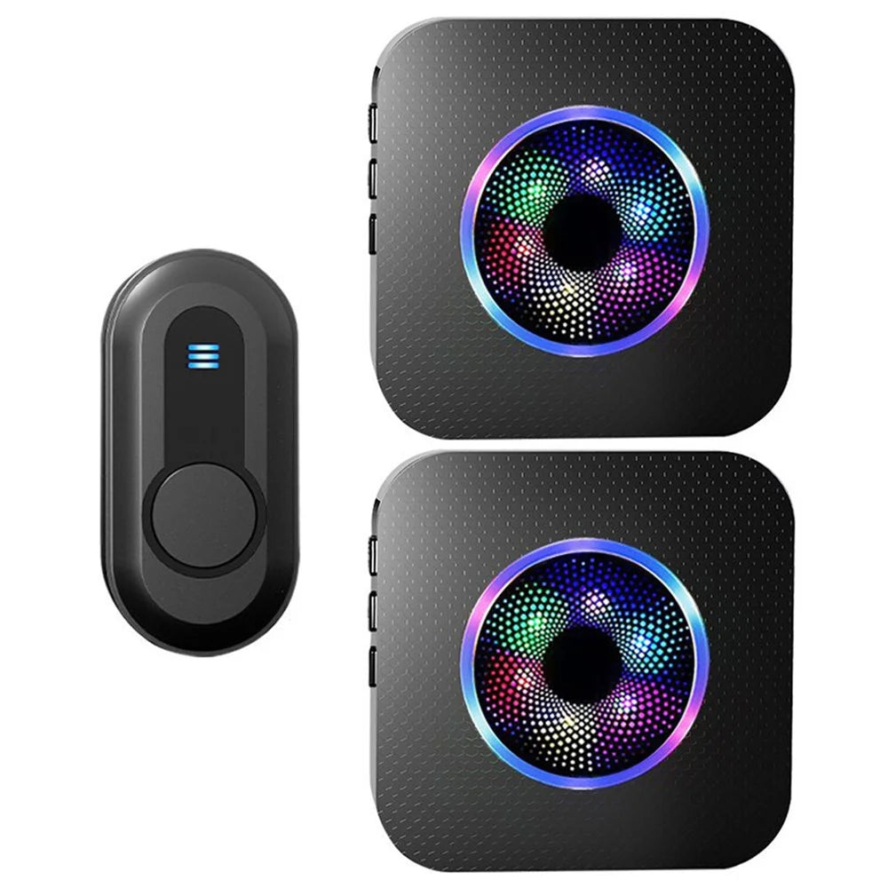 N65-1T2 Home Wireless Door Bell Colorful Light Flashing Adjustable Volume Doorbell, 1 Transmitter+2 Receiver - US Plug / Black - 1