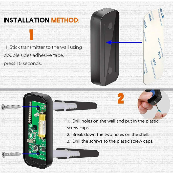 N20K-2T1 Waterproof Home Doorbell 55 Ringtones Wireless Door Bell with LED Light, 2 Transmitter+1 Receiver - US Plug / Black - 4