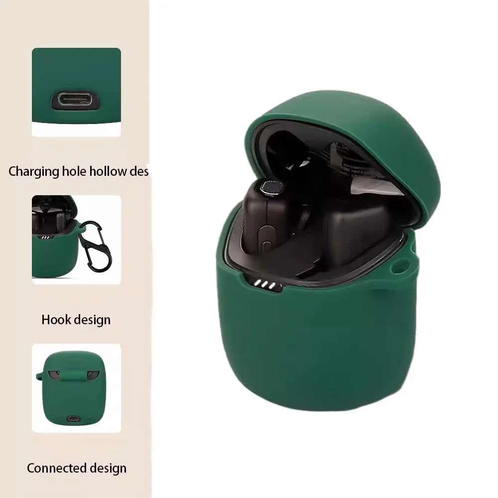 For JBL Quantum Stream Wireless USB-C Silicone Case Bluetooth-compatible Earphone Cover with Hanging Buckle - Blackish Green - 3