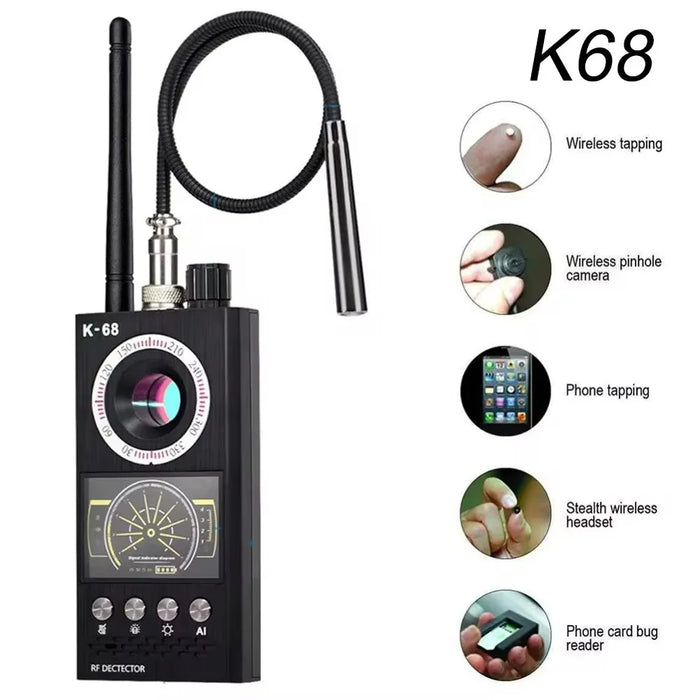 K68 Wireless Signal Detector RF Bug Finder Anti-Spy Camera Detector GPS Tracker Locator, Upgraded Version - Black - 2