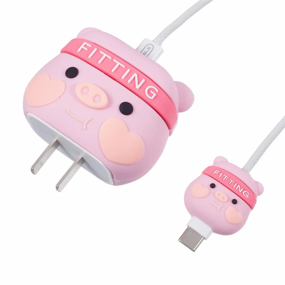 2Pcs / Set Pig Head Protective Sleeve for Apple iPhone 18 / 20W Charger Cover + Data Cable Saver Silicone Case - 5