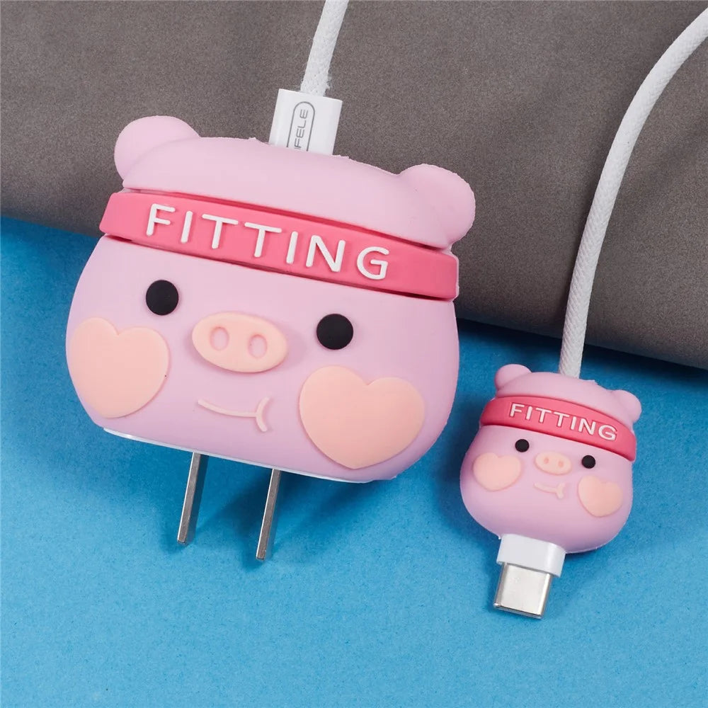 2Pcs / Set Pig Head Protective Sleeve for Apple iPhone 18 / 20W Charger Cover + Data Cable Saver Silicone Case - 7