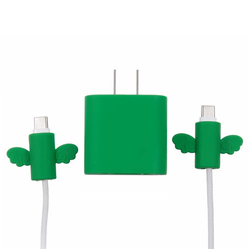 Solid Color Wings Protective Sleeve for Apple iPhone 18 / 20W Charger Cover + 2Pcs Data Cable Saver Silicone Case - Green - 1