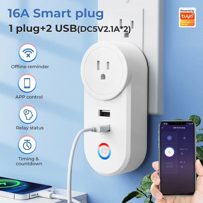 Tuya Bluetooth+Wifi Smart Plug 16A Power Socket Wall Charger with USB Port - US Plug - 2