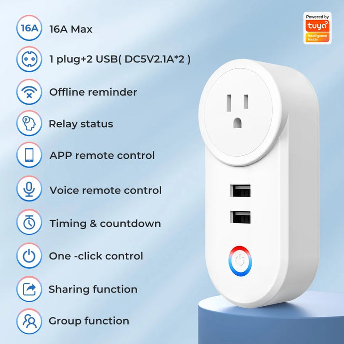 Tuya Bluetooth+Wifi Smart Plug 16A Power Socket Wall Charger with USB Port - US Plug - 3