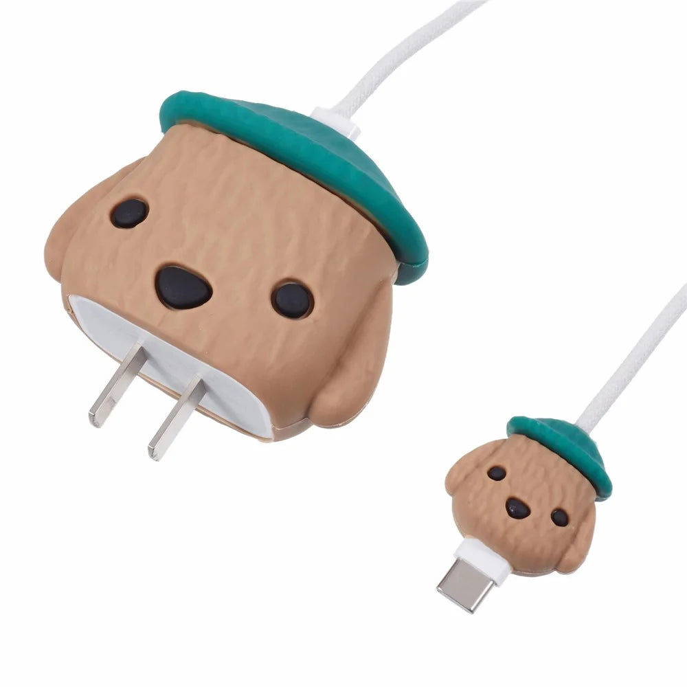 Cartoon Silicone Case for Apple 18W / 20W Wall Charger and Cable Connector - Brown - 5