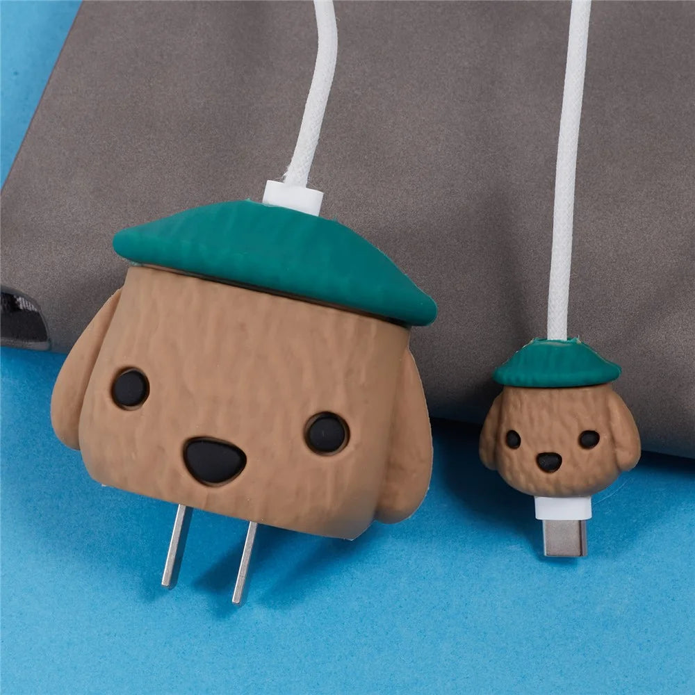 Cartoon Silicone Case for Apple 18W / 20W Wall Charger and Cable Connector - Brown - 7