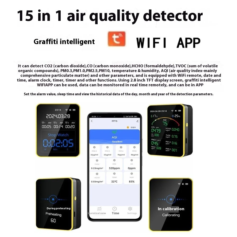 Multifunctional Air Quality WiFi Detector CO2 CO HCHO TVOC Temp Humidity Tester Alarm Device Support Tuya App - 4