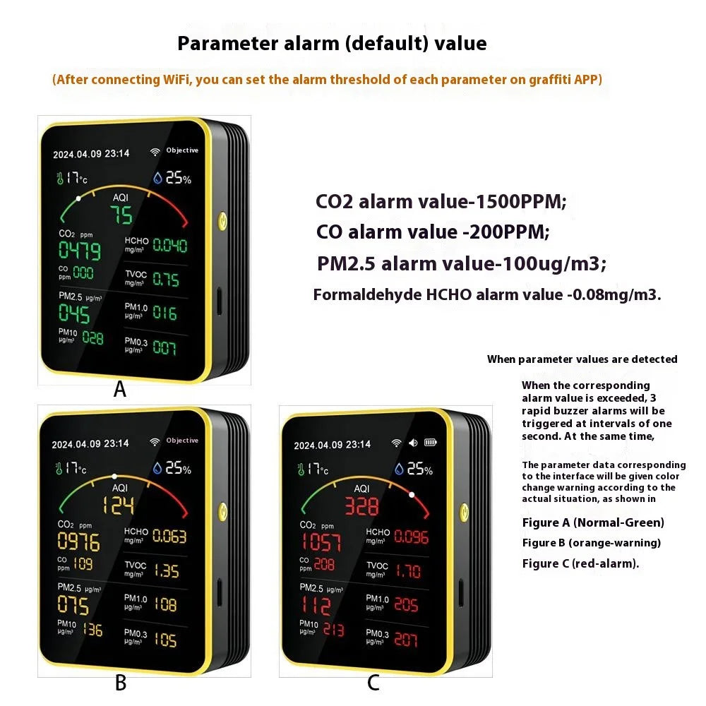 Multifunctional Air Quality WiFi Detector CO2 CO HCHO TVOC Temp Humidity Tester Alarm Device Support Tuya App - 6