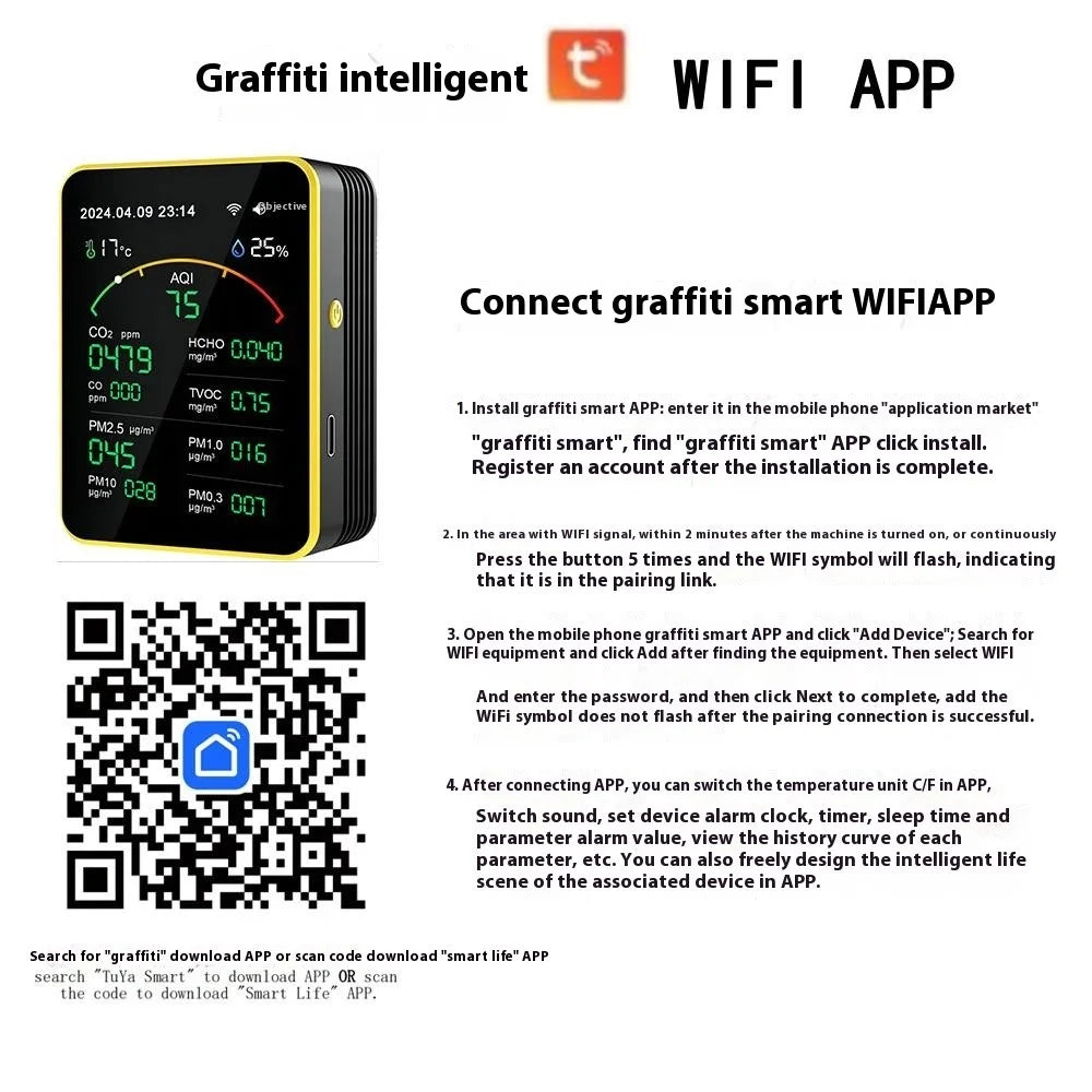 Multifunctional Air Quality WiFi Detector CO2 CO HCHO TVOC Temp Humidity Tester Alarm Device Support Tuya App - 7