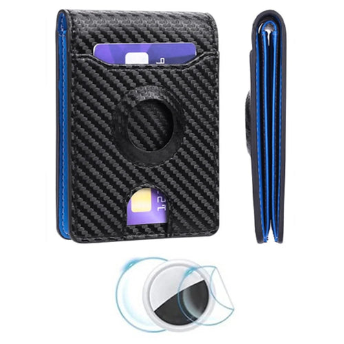 For AirTag Tracker Wallet Bifold Carbon Fiber Microfiber Leather RFID Blocking Card Holder with Protective Film - Black  /  Blue - 1