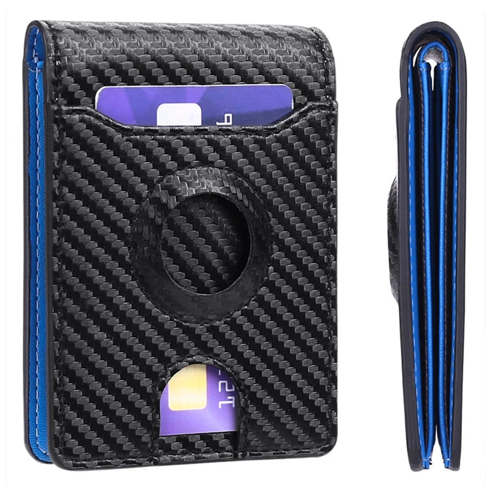 For AirTag Tracker Wallet Bifold Carbon Fiber Microfiber Leather RFID Blocking Card Holder with Protective Film - Black  /  Blue - 2