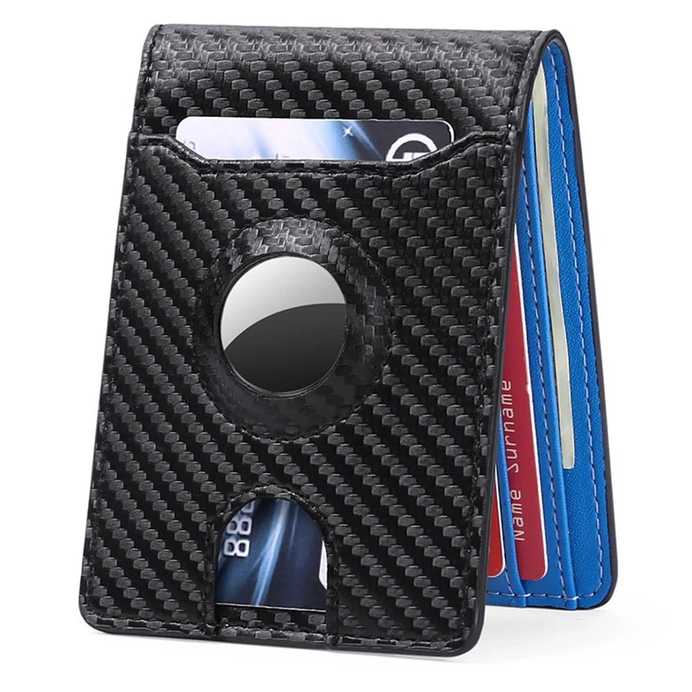 For AirTag Tracker Wallet Bifold Carbon Fiber Microfiber Leather RFID Blocking Card Holder with Protective Film - Black  /  Blue - 4