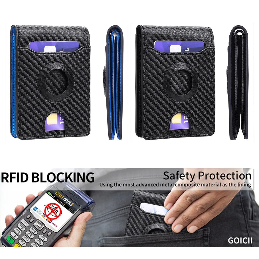 For AirTag Tracker Wallet Bifold Carbon Fiber Microfiber Leather RFID Blocking Card Holder with Protective Film - Black  /  Blue - 5