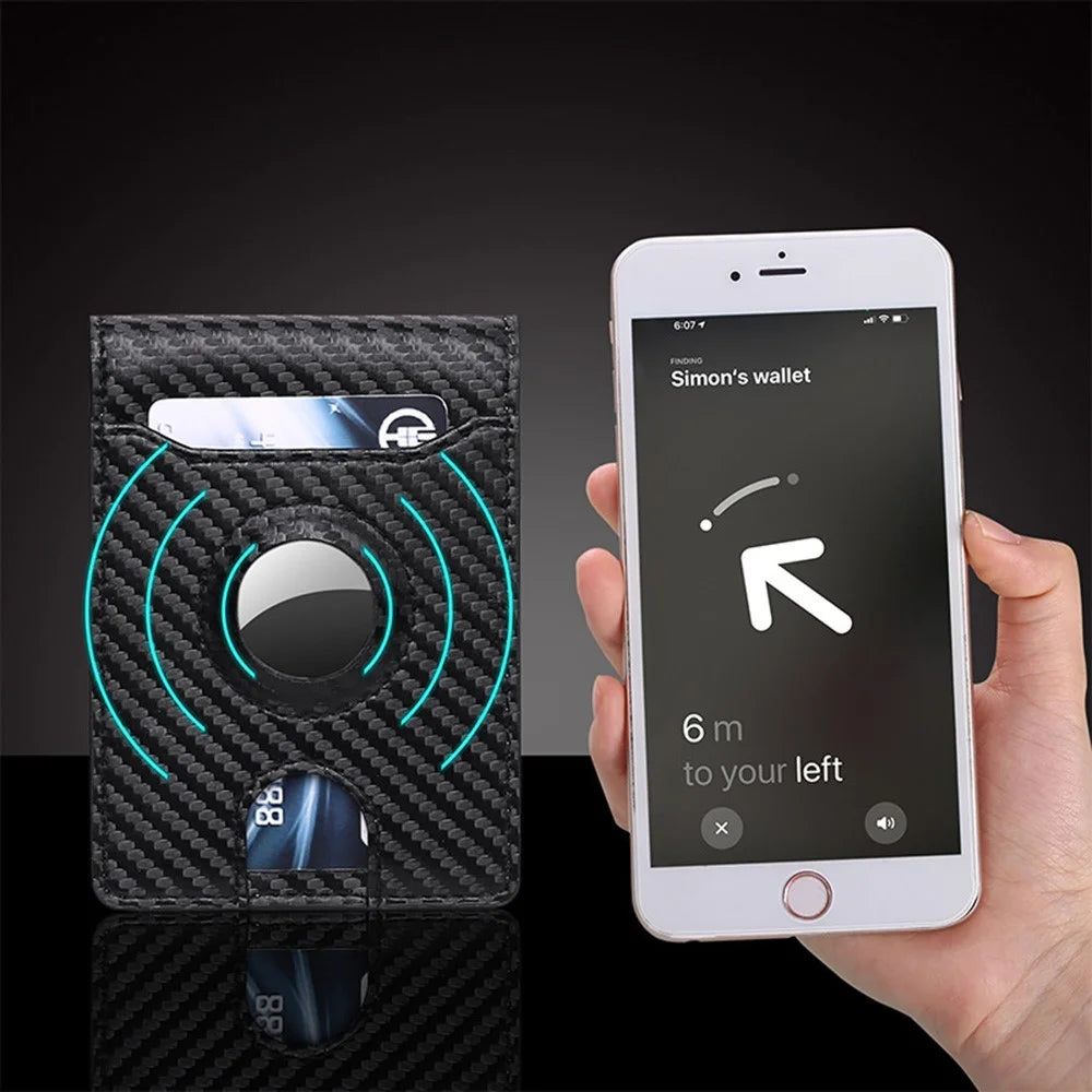 For AirTag Tracker Wallet Bifold Carbon Fiber Microfiber Leather RFID Blocking Card Holder with Protective Film - Black  /  Blue - 6