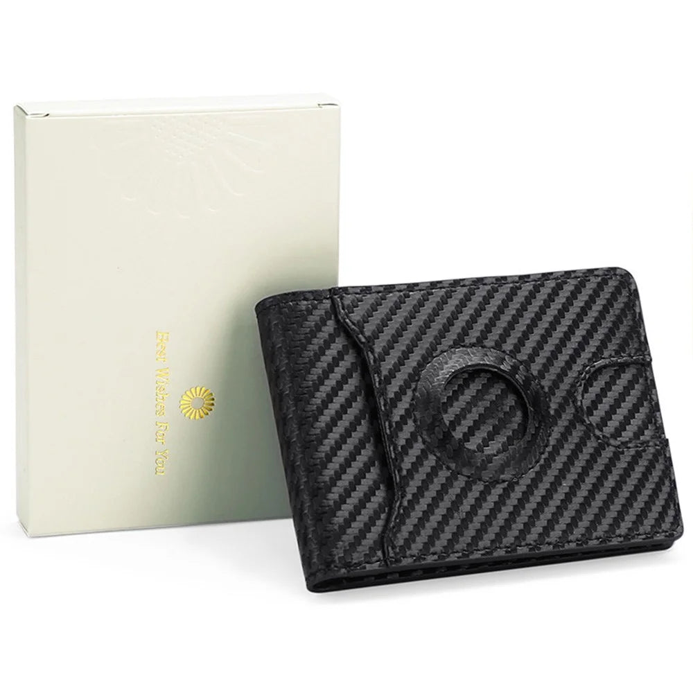 For AirTag Tracker Wallet Bifold Carbon Fiber Microfiber Leather RFID Blocking Card Holder with Protective Film - Black  /  Blue - 7