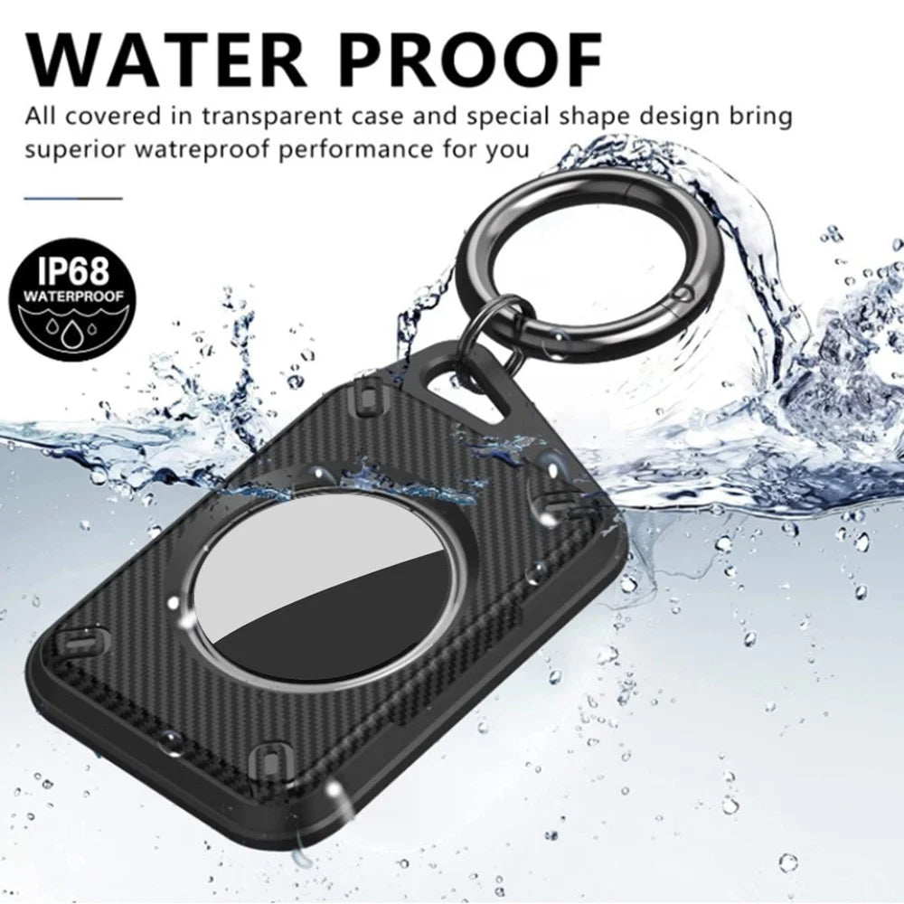 For Apple AirTag IP68 Waterproof Case Carbon Fiber TPU+PC Cover with Protective Film and Ring Buckle - 3