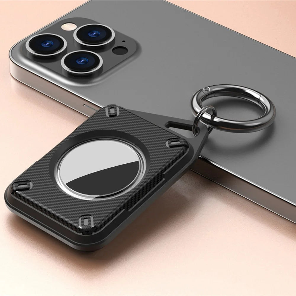 For Apple AirTag IP68 Waterproof Case Carbon Fiber TPU+PC Cover with Protective Film and Ring Buckle - 6