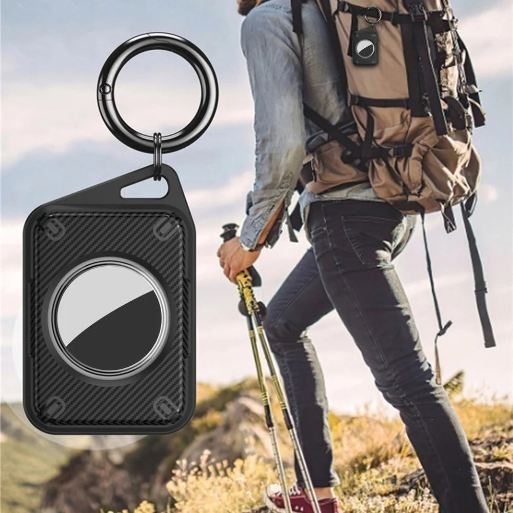 For Apple AirTag IP68 Waterproof Case Carbon Fiber TPU+PC Cover with Protective Film and Ring Buckle - 7