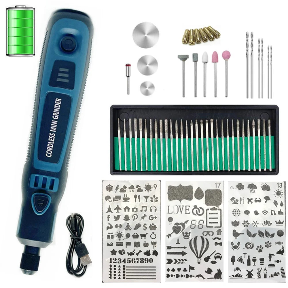 3-Speed Adjustable Cordless Mini Grinder with Copper Chuck Engraving Needle Drill Bit Set - 1