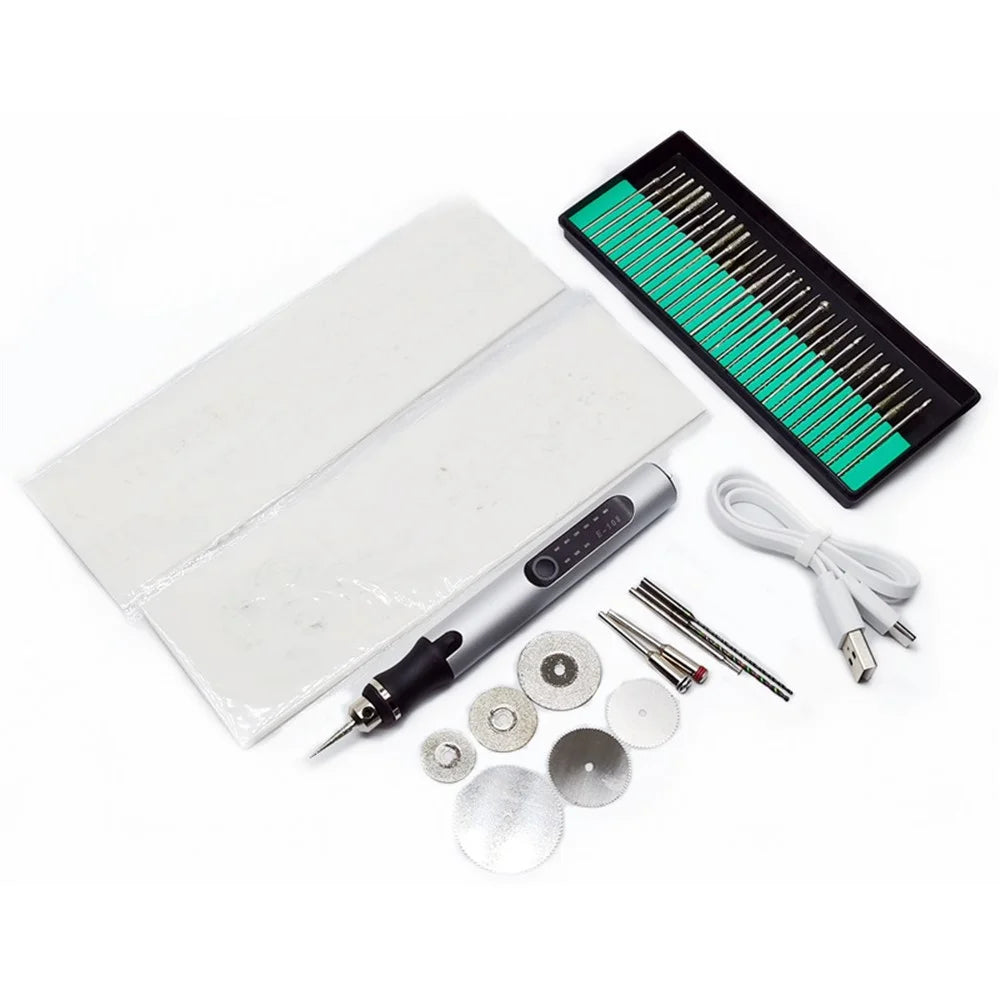 E108 Rechargeable Mini Rotary Engraving Pen with Engraving Needle Drill Bit Set for Small Scale DIY Crafting - Silver - 1