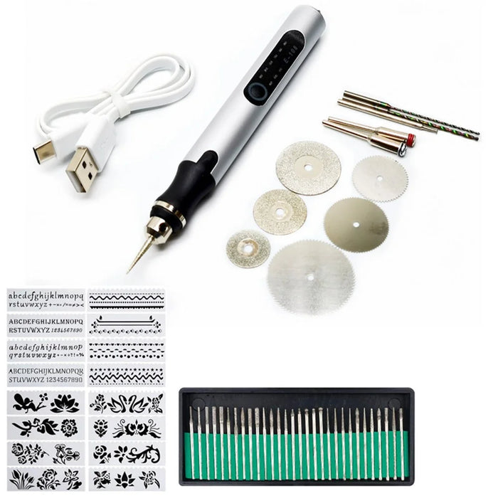 E108 Rechargeable Mini Rotary Engraving Pen with Engraving Needle Drill Bit Set for Small Scale DIY Crafting - Silver - 2