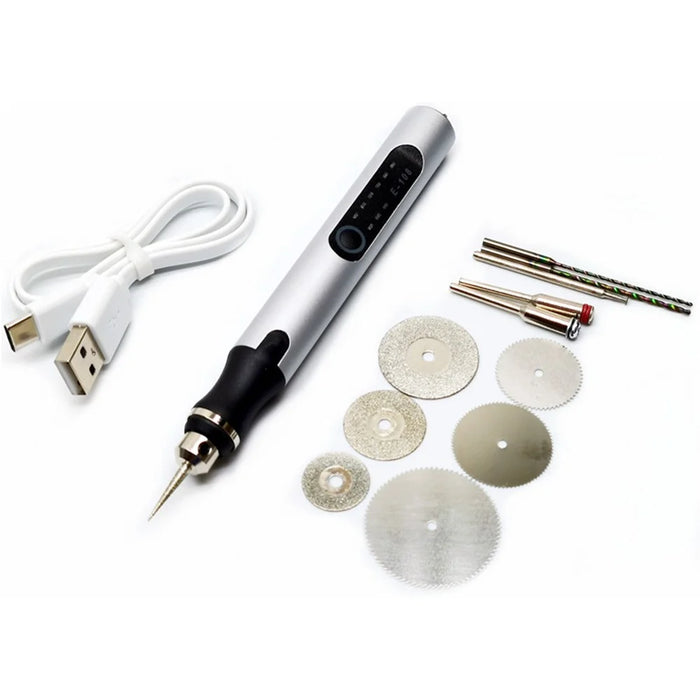 E108 Rechargeable Mini Rotary Engraving Pen with Engraving Needle Drill Bit Set for Small Scale DIY Crafting - Silver - 3