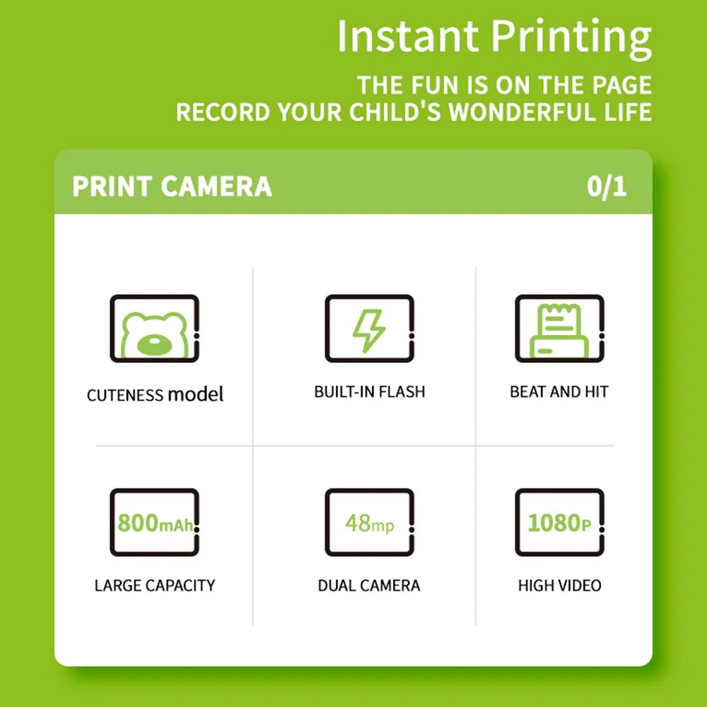 K64 Cute Dual Lens Kids HD Camera Instant Printing Thermal Photo Printer - Green - 3