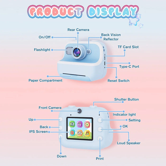 M8 2.4-inch IPS Screen Dual Lens Kids Print Camera Instant Thermal Photo Printer - Blue - 7
