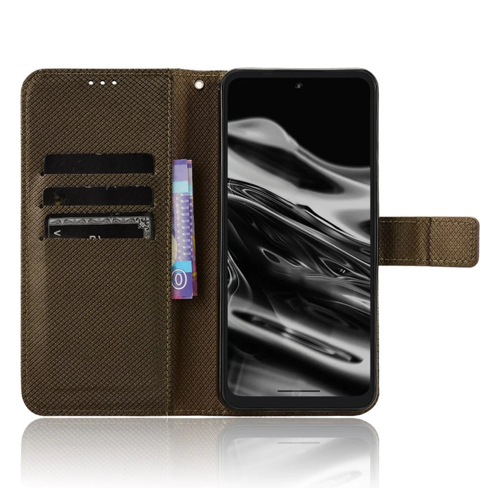 For XREAL Beam Pro Case PU Leather Diamond Texture Wallet Phone Cover - Brown - 2