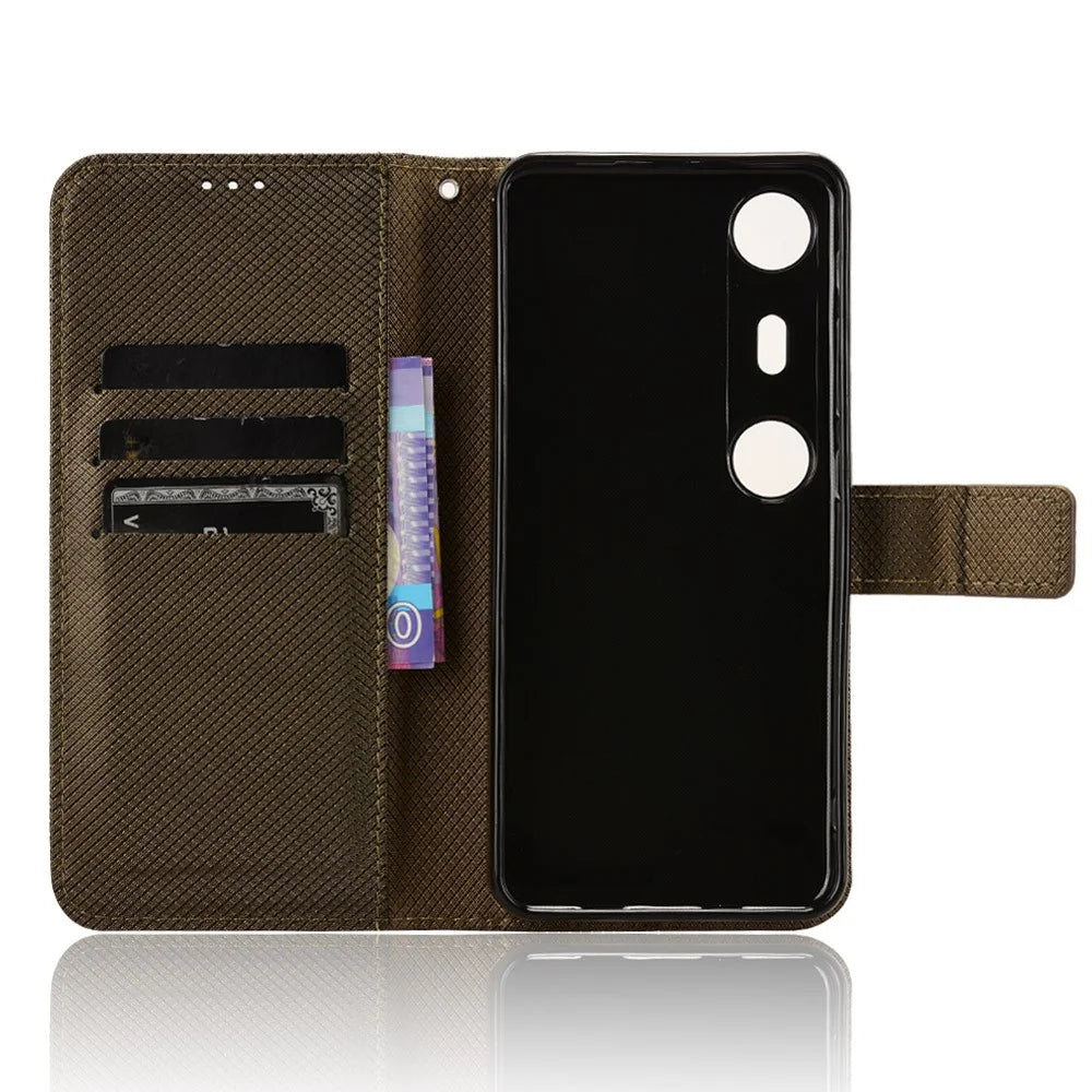 For XREAL Beam Pro Case PU Leather Diamond Texture Wallet Phone Cover - Brown - 4