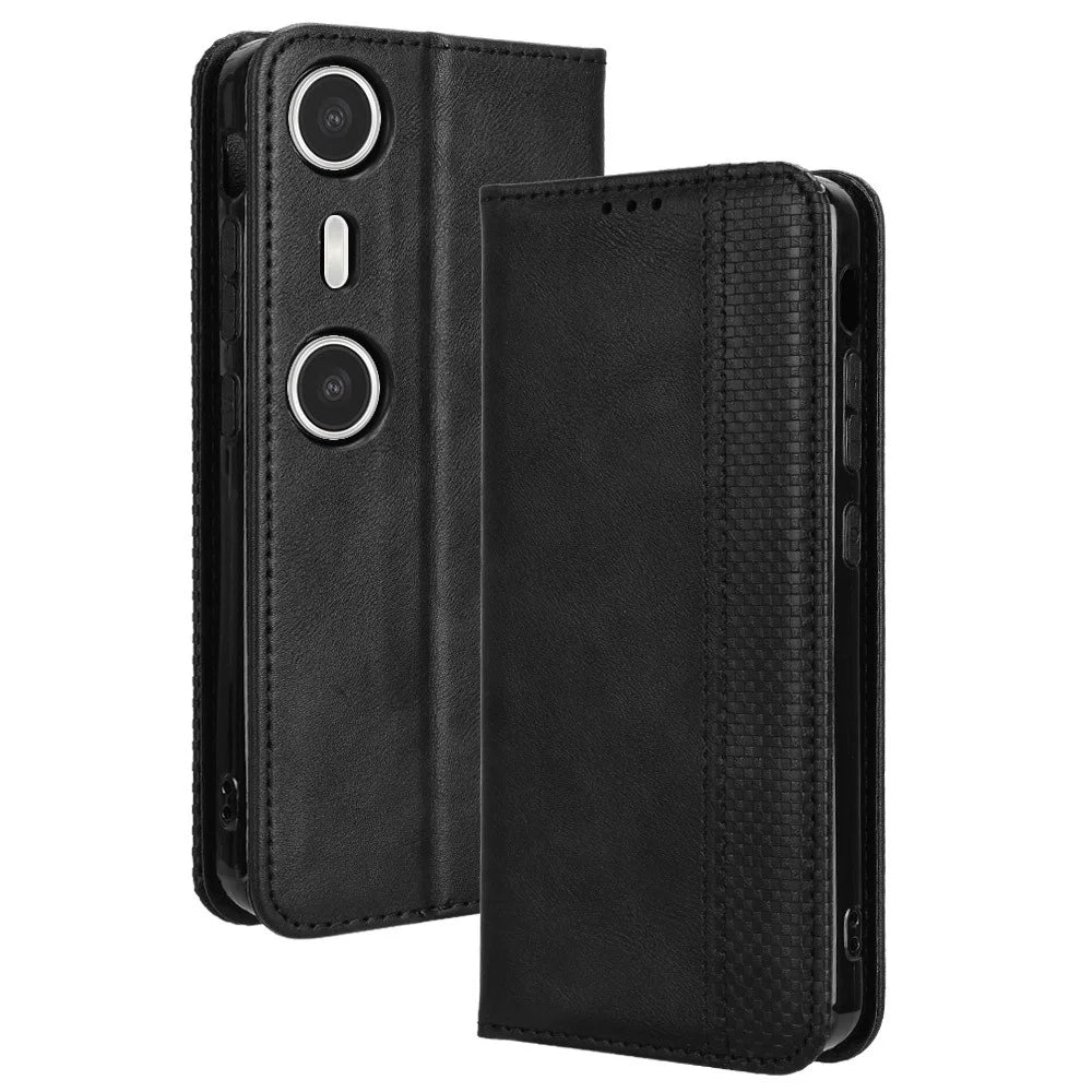 For XREAL Beam Pro Leather Case Wallet Stand Retro Texture Phone Cover - Black - 1