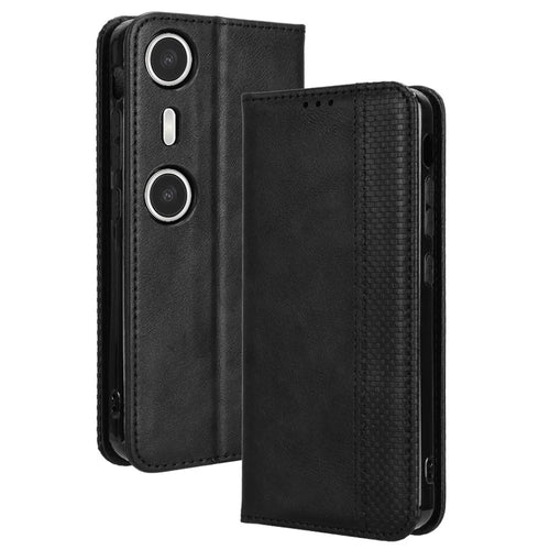 For XREAL Beam Pro Leather Case Wallet Stand Retro Texture Phone Cover - Black - 1