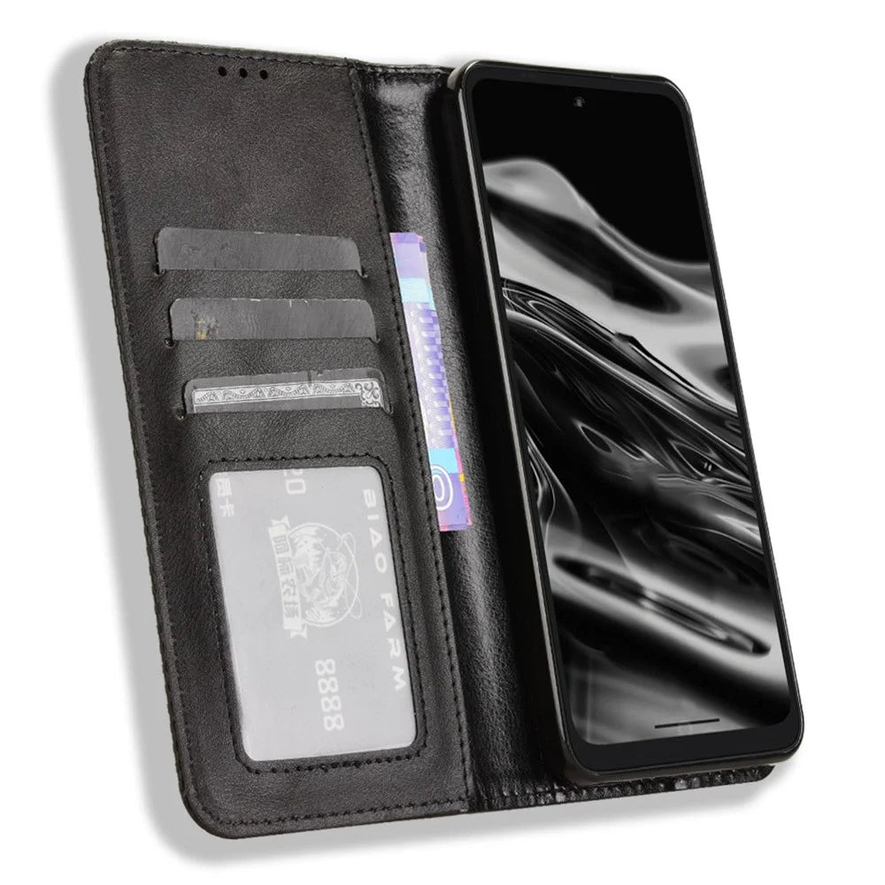 For XREAL Beam Pro Leather Case Wallet Stand Retro Texture Phone Cover - Black - 2