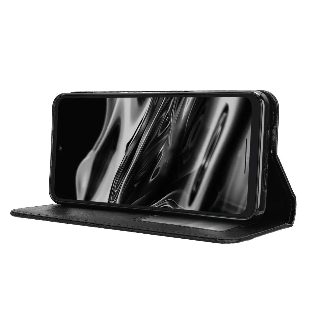 For XREAL Beam Pro Leather Case Wallet Stand Retro Texture Phone Cover - Black - 3