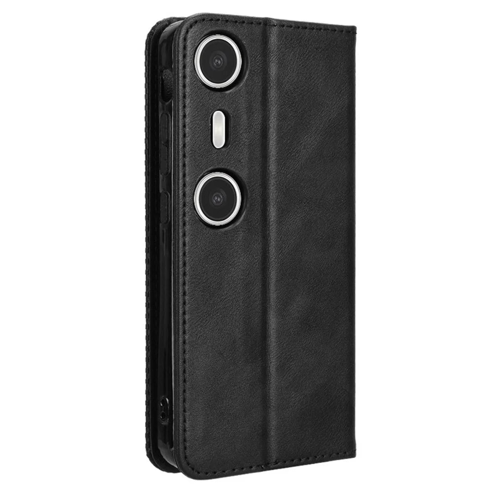 For XREAL Beam Pro Leather Case Wallet Stand Retro Texture Phone Cover - Black - 7