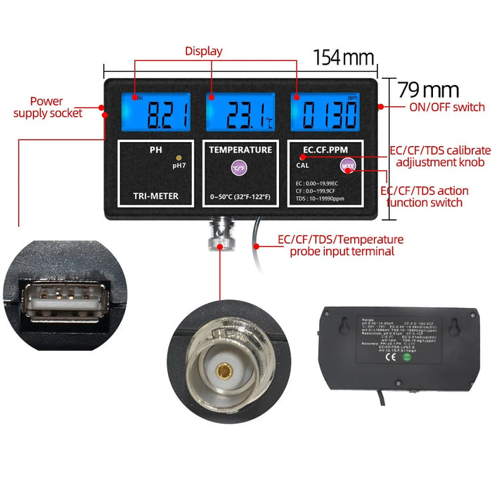 PH-116 5 in 1 Water Quality Multi-Parameter PH EC CF TDS Temperature Test Meter with Backlight - US Plug - 3