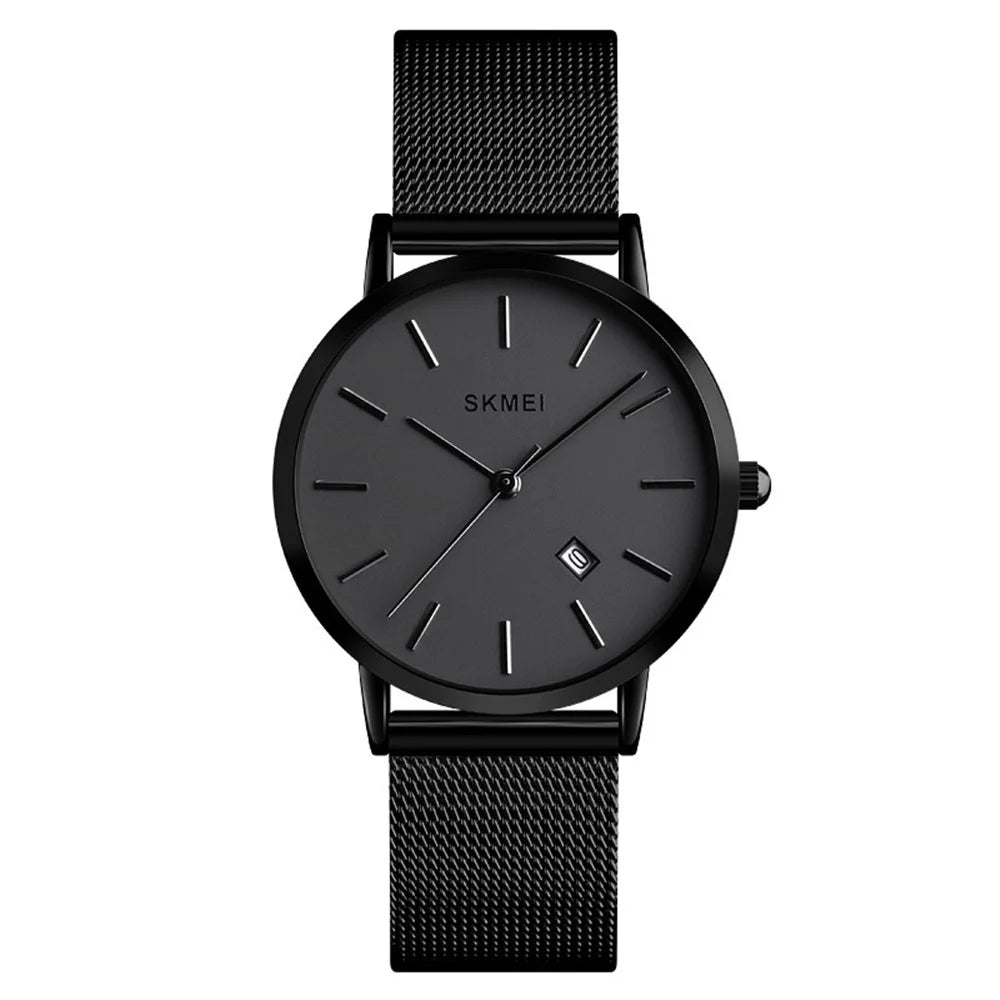 SKMEI 1530 8mm Slim Stylish Men Women Quartz Watch Stainless Steel Strap Wrist Watch - Black - 1