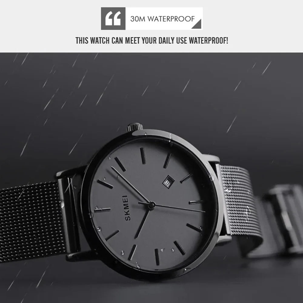SKMEI 1530 8mm Slim Stylish Men Women Quartz Watch Stainless Steel Strap Wrist Watch - Black - 2