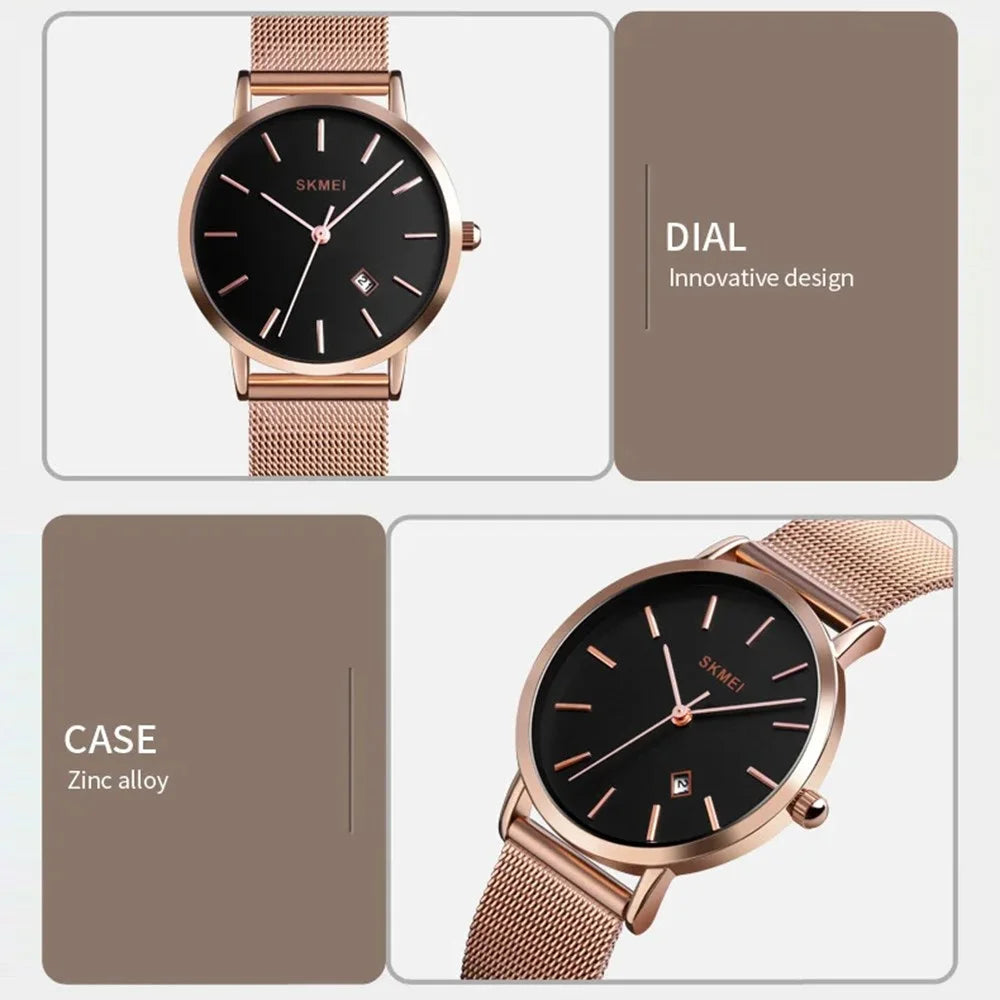 SKMEI 1530 8mm Slim Stylish Men Women Quartz Watch Stainless Steel Strap Wrist Watch - Black - 4