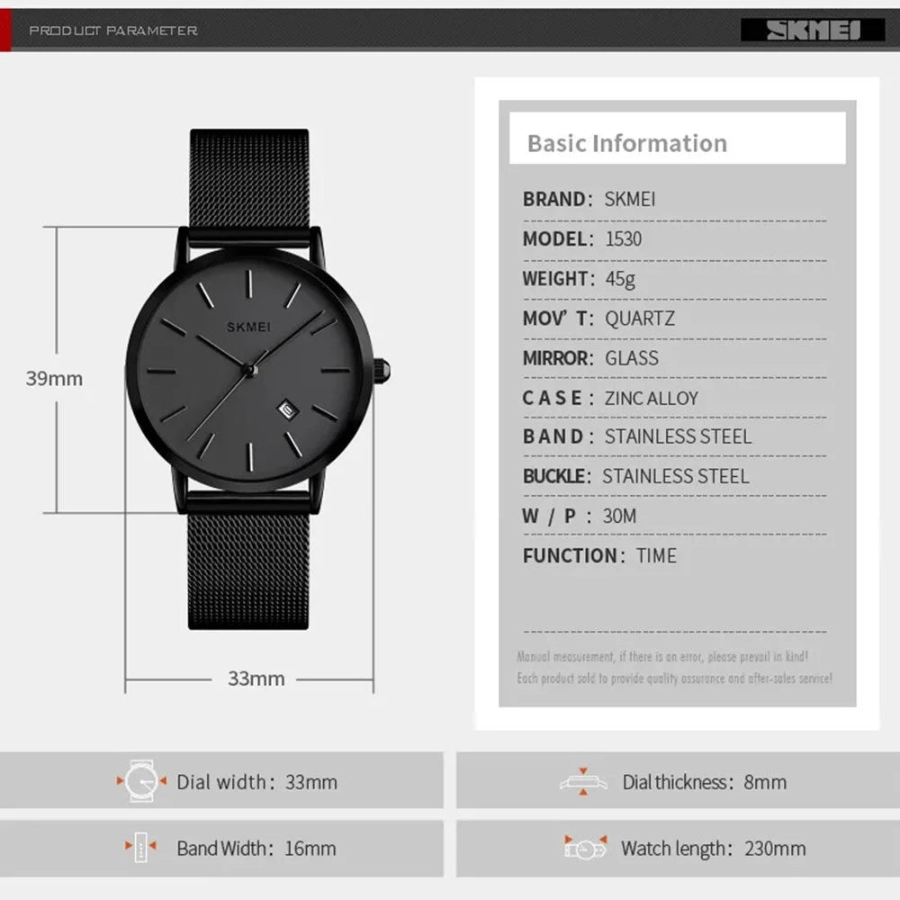 SKMEI 1530 8mm Slim Stylish Men Women Quartz Watch Stainless Steel Strap Wrist Watch - Black - 6