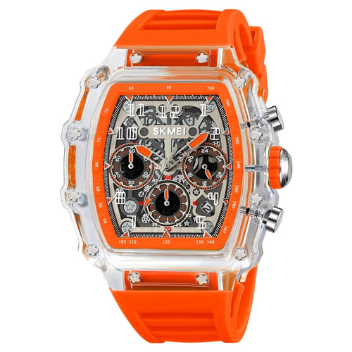 SKMEI 2305 Stylish Men Quartz Watch Waterproof Sport Stopwatch Wrist Watch - Transparent White Case / Orange Strap - 1