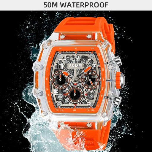 SKMEI 2305 Stylish Men Quartz Watch Waterproof Sport Stopwatch Wrist Watch - Transparent White Case / Orange Strap - 2