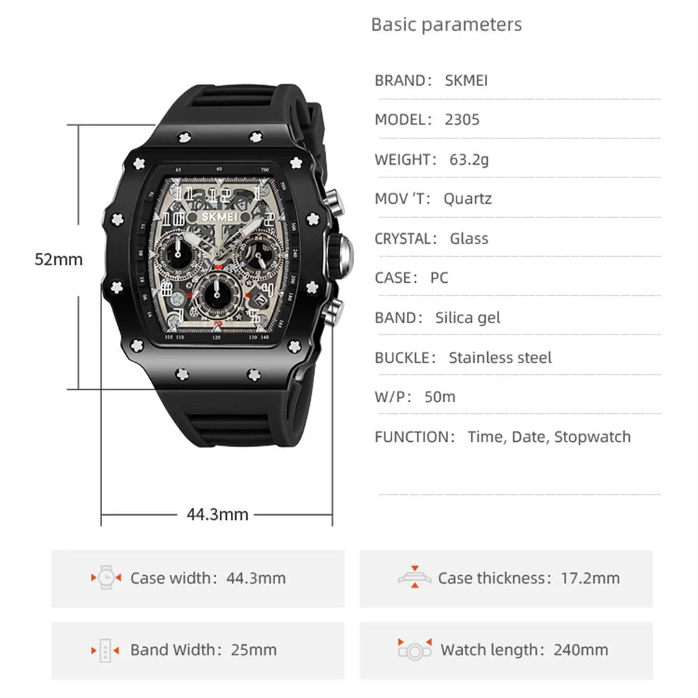 SKMEI 2305 Stylish Men Quartz Watch Waterproof Sport Stopwatch Wrist Watch - Transparent White Case / Orange Strap - 6