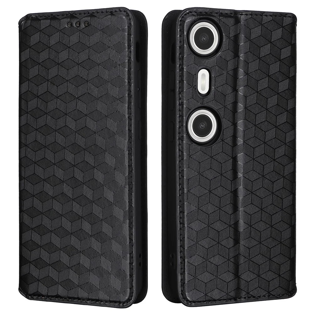 For XREAL Beam Pro Wallet Case Rhombus Imprinted Leather Phone Cover - Black - 1